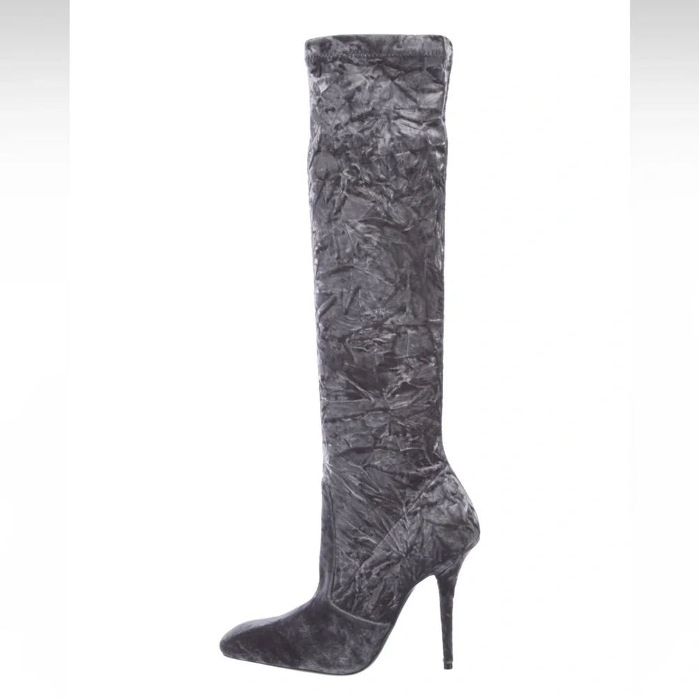 Saint Laurent Talia 110 Crushed Velvet Knee Boot 37 Gray - Picture 6 of 10
